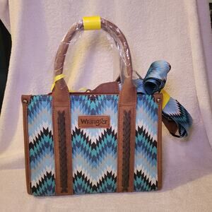 Wrangler Western Zig Zag Print Denim Blue Canvas Crossbody Handbag Purse Bag NWT